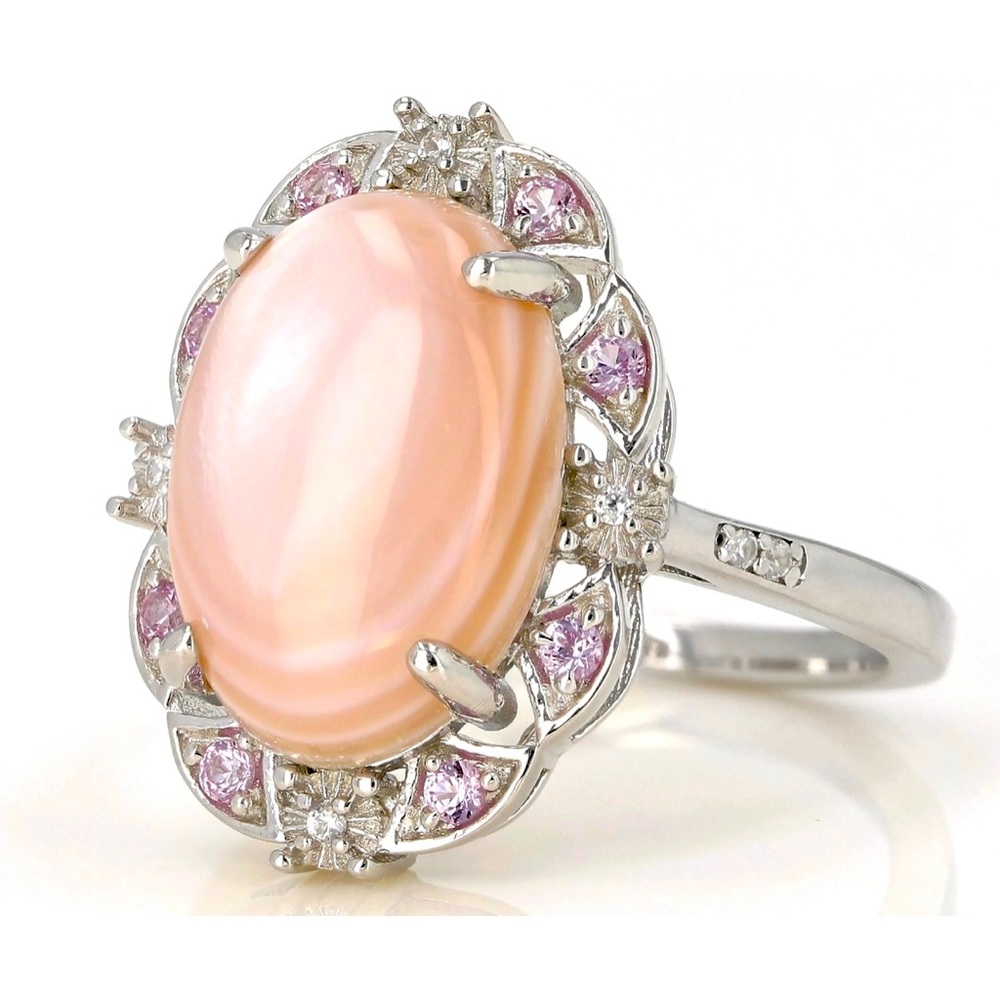 Sterling Silver Pink-Mother-of-Pearl Ring w/Pink Sapphire/White Zircon Stones